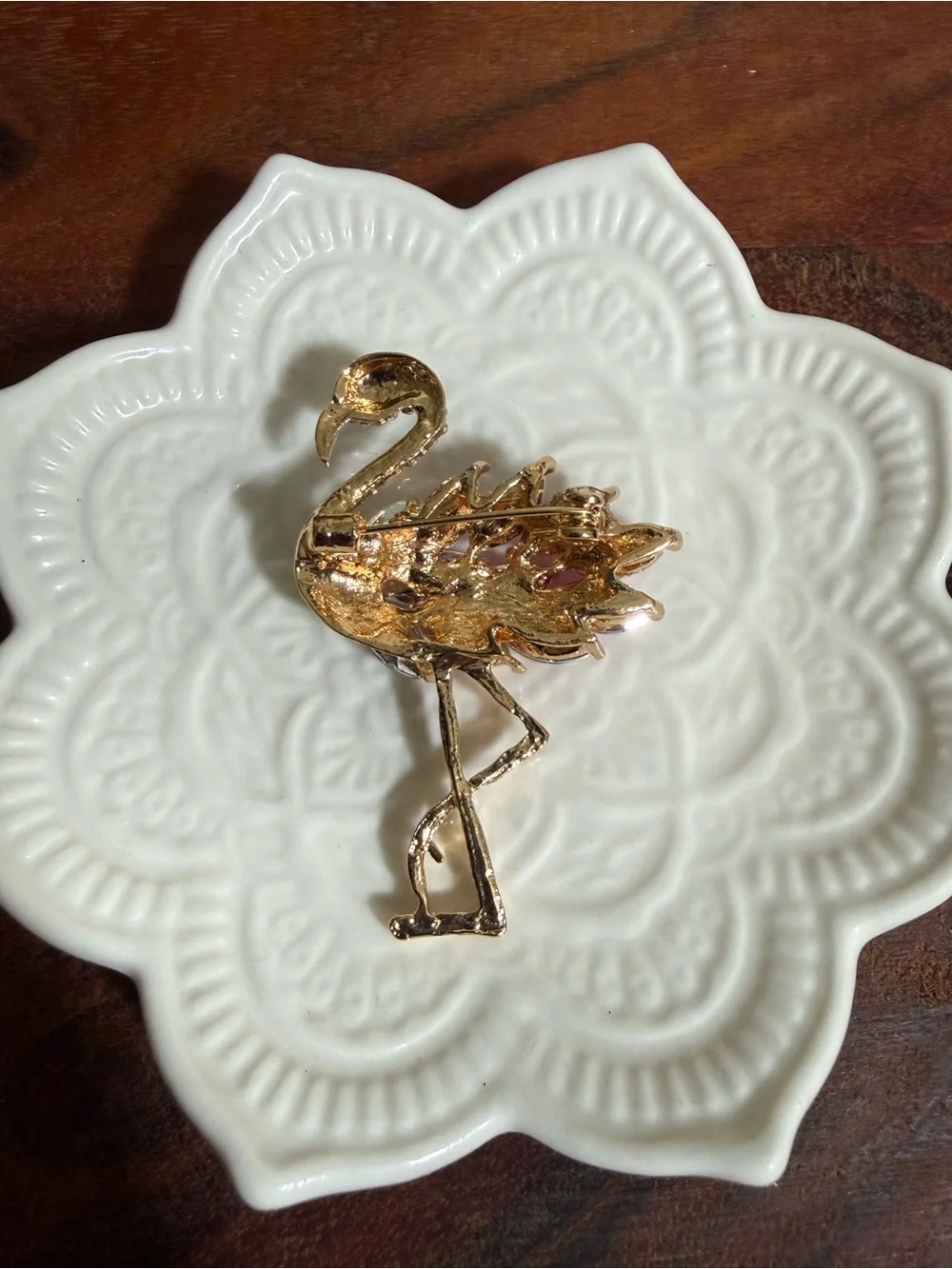 New sparkling gold-tone flamingo brooch adorned with pink and clear crystals